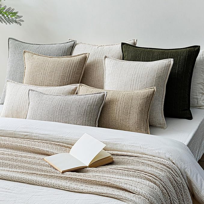 a moment Linen Pillow Covers Set of 2,Boho Farmhouse Throw Pillowcases Neutral Textured Decorative Covers for Couch Sofa Bed, Soft Linen Blend Accent Case Cushion Living Room Home Decor 20"x12"Ivory