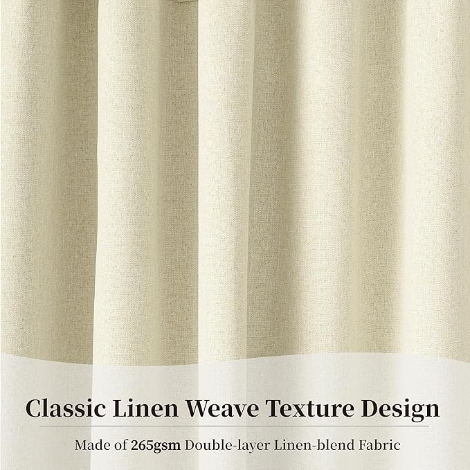 KangBang 90 Inch Long Linen Blackout Curtains, Back Tab Rod Pocket Linen Textured Curtains for Nursery Bedroom, Sun Blocking Back Tab French Countryside Curtains(Ivory Cream,52x90 Inch,2 Panels Set)