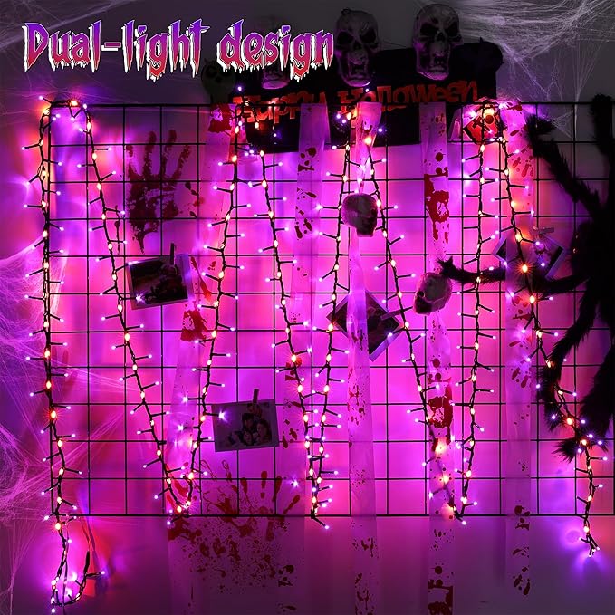 Brizled Outdoor Halloween Lights, 372 LED 17 Modes Orange & Purple Halloween Cluster Lights with Timer, 19.6FT Waterproof Spooky Light Plug in, Orange Purple Light Black Wire for Indoor Outdoor Decor