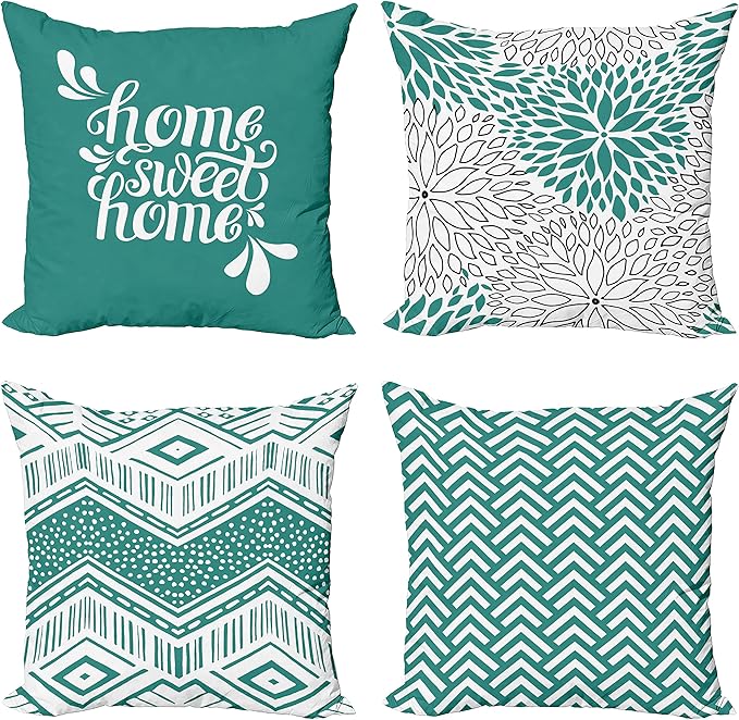 Ambesonne Geometric Throw Pillow Cushion Case Pack of 4, Home Phrase Minimal Zigzag Squama Dahlia Flower Petals Chevron Tribal, Modern Accent Double-Sided Digital Printing, 18", Dark Seafoam and White