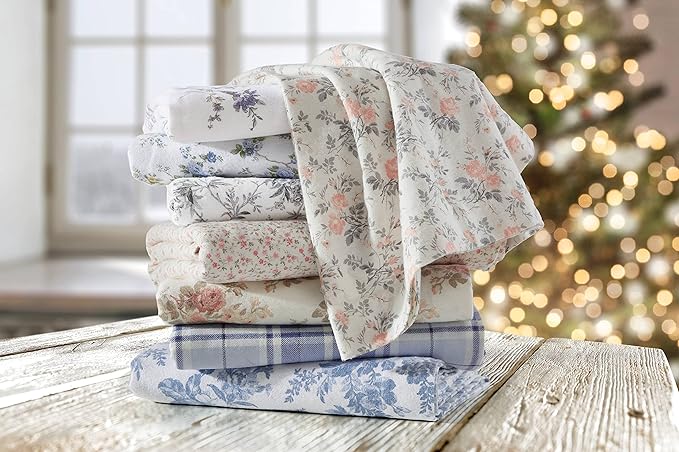 Laura Ashley - Flannel Sheets Twin Size, Anti-Pilling & Wrinkle Resistant Cotton, Touchably Soft for All-Season Comfort - Bed Sheets with Matching Pillowcase & Fitted Sheet (Victoria Beige)