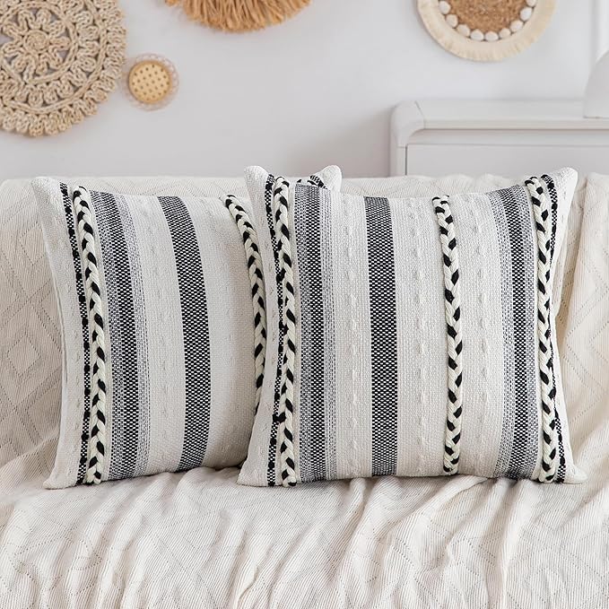Boho Black Striped Pillow Covers Set of 2-18x18 Inch Farmhouse Coastal Decorative Throw Pillows, Neutral Accent Textured Square Pillowcase for Couch Living Room, Bed, Chair Sofa Home Decor