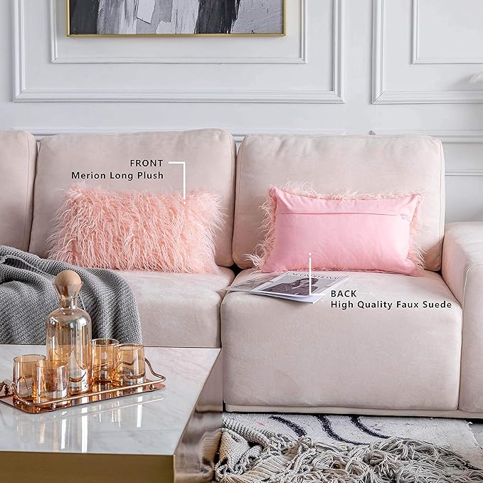 Home Brilliant 12x20 Pillow Cover Rectangular Faux Fur Fuzzy Accent Pillows Case for Couch Decor, 30cmx50cm, 2 pcs, Pink