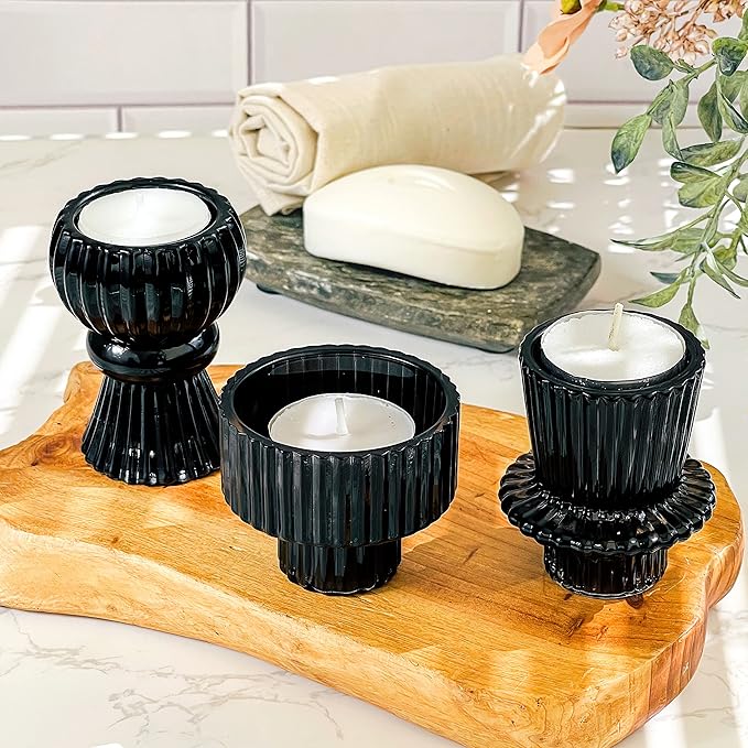 Kate Aspen Vintage Ribbed Glass Black Candlestick Holders, Pillar Candle, Tealight & Votive Candle Holders (Set of 6, 3 Assorted Sizes), Dining Table Decor, Shelf Decor, Centerpiece