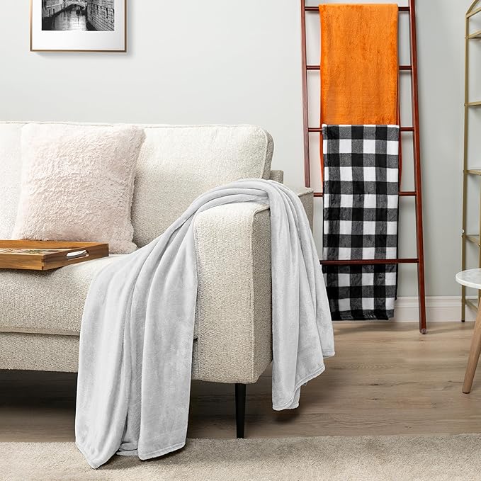 PAVILIA White Fleece Throw Blanket for Couch, Soft Fuzzy Flannel Throw for Sofa, Luxury Plush Microfiber Bed Blanket, Cozy Home Decorative Velvet Gift Blanket, 50x60