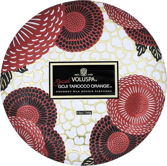 Voluspa Spiced Goji Tarocco Orange, 3 Wick Tin Candle, 12 Ounces, 40 Hour Burn Time, Coconut Wax for Clean Burning, Handcrafted in The USA