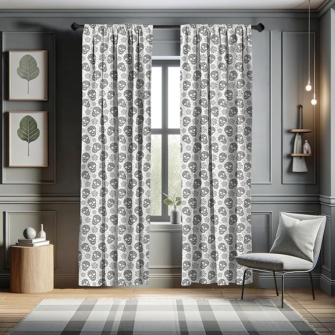 Ambesonne Skull Curtains, Abstract Floral Skulls Daisies Hearts Circles Illustration Vintage Style Print, Window Treatments 2 Panel Set for Living Room Bedroom, Pair of - 28" x 84", Black and White