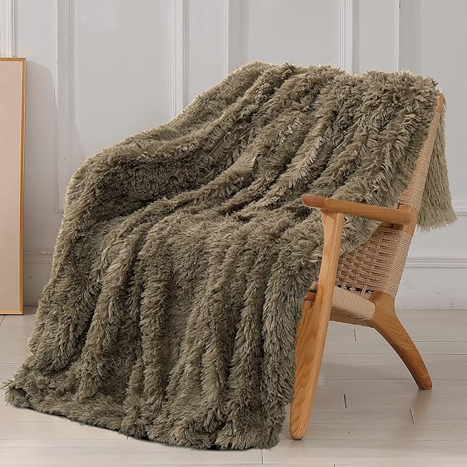 Tuddrom Decorative Extra Soft Faux Fur Throw Blanket 70"x78",Solid Reversible Fuzzy Lightweight Long Hair Shaggy Blanket,Fluffy Cozy Plush Fleece Comfy Microfiber Blanket for Couch Sofa Bed,Brown