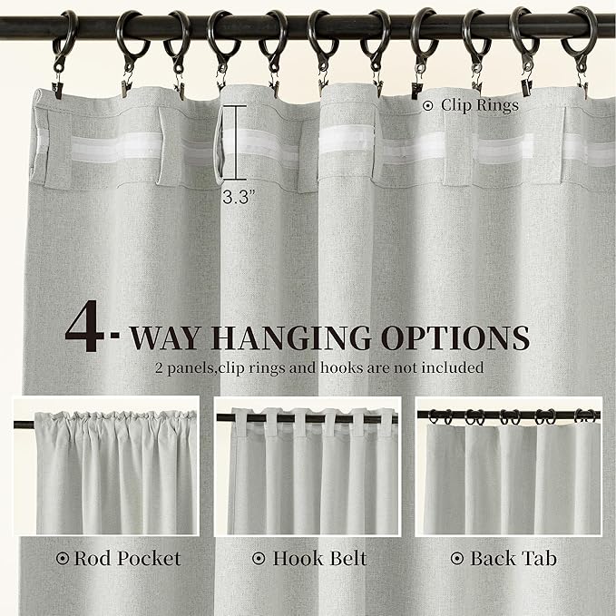 KangBang Light Grey Blackout Curtains 96 Inches Long, Thermal Insulated Sun Blocking Linen Curtains for Living Room, Back Tab Hook Belt Pleated Neutral Drapes for Cottage Urban(52Wx96L,2 Panels)