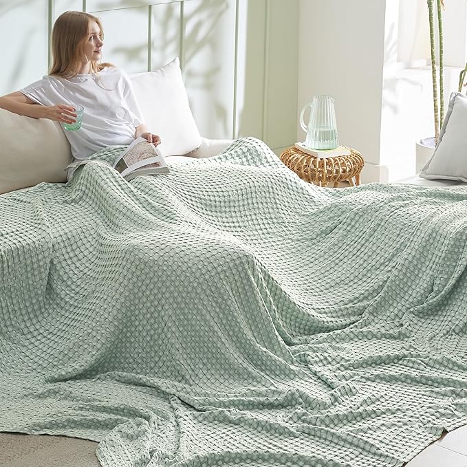 Bedsure Cooling Cotton Waffle Oversized King Blanket - Lightweight Breathable Blankets Rayon Derived from Bamboo for Hot Sleepers, Luxury Throws for Bed and Sofa, Mint Green, 120x96 Inches