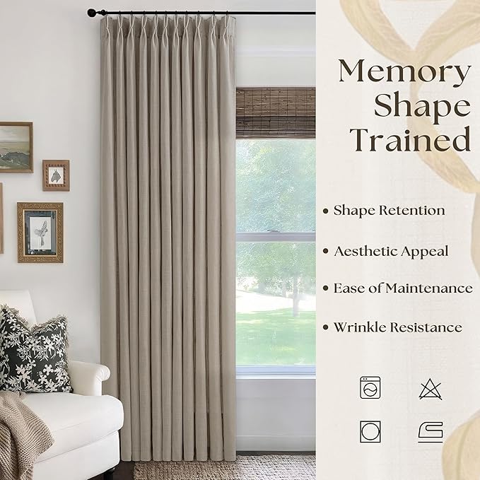 Pinch Pleated Linen Curtains 96 Inches Long 70 Inch Width Light Filtering Window Curtains 96 Inch Living Room Bedroom Pinch Pleat Drapes Patio Door Large Window Taupe Burlywood Birch 1 Panel 70Wx96L