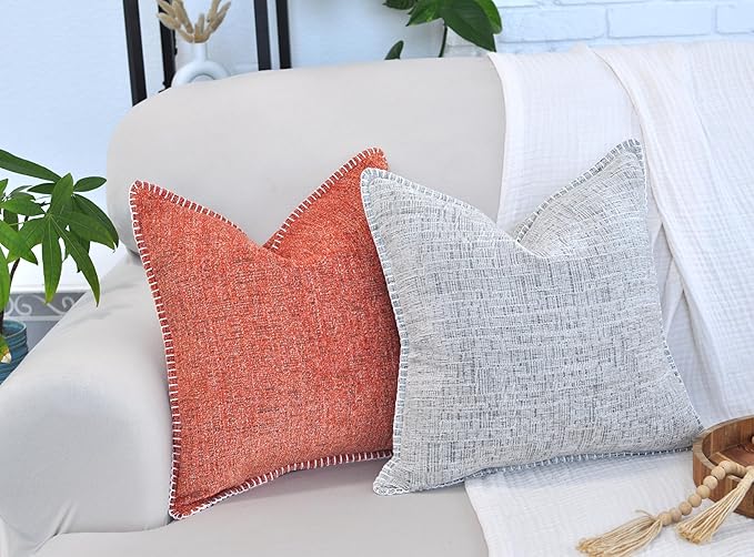 16x16 Pillow Covers Cream White & Black Set of 2, Decor Pillow Covers Square, Textured Soft Chenille Deco Cushion Covers with Trim Edge, Decorative Modern Pillows Cases for Couch Living Room Sofa