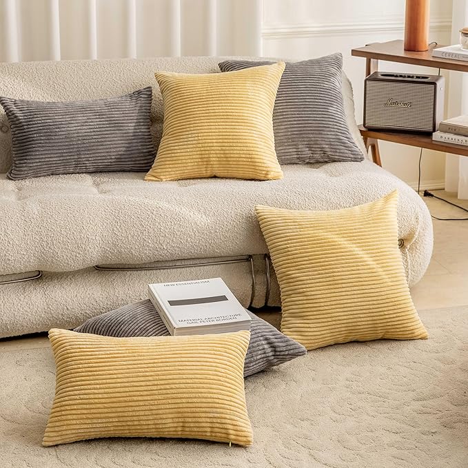 Home Brilliant 20x20 Throw Pillow Cover Soft Plush Pillow Cover Solid Striped Corduroy Throw Pillows for Couch Sofa Furniture Fall Winter Decorations, 20x20 inch (50cm), Light Yellow