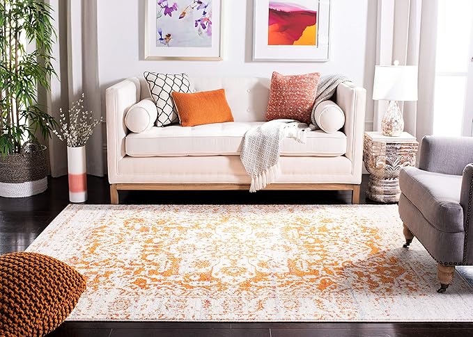 SAFAVIEH Madison Collection Area Rug - 4' Square, Orange & Ivory, Snowflake Medallion Distressed Design, Non-Shedding & Easy Care, Ideal for High Traffic Areas in Living Room, Bedroom (MAD603P)