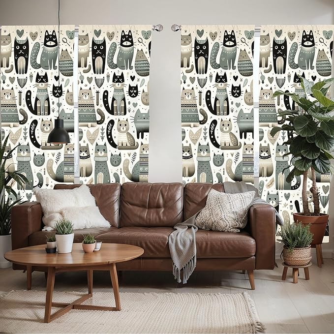 Ambesonne Cats Window Curtains Pack of 2, Modern Scandinavian Inspired Innocent Kitten Pattern with Leafy Details, Lightweight Set with Rod Pocket, 4 Panels of - 28" x 95", Pale Teal Pale Khaki Grey