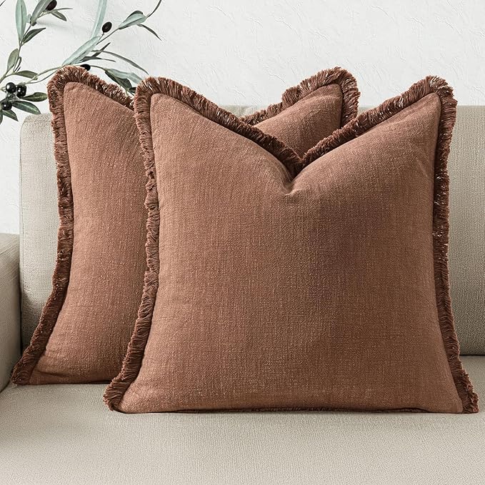 Woaboy Set of 2 Decorative Linen Fringe Throw Pillow Covers Boho Farmhouse Euro Cushion Covers Accent Pillowcases with Tassels for Living Room Couch Sofa Bed Chair,26x26 Inch,Rust Brick