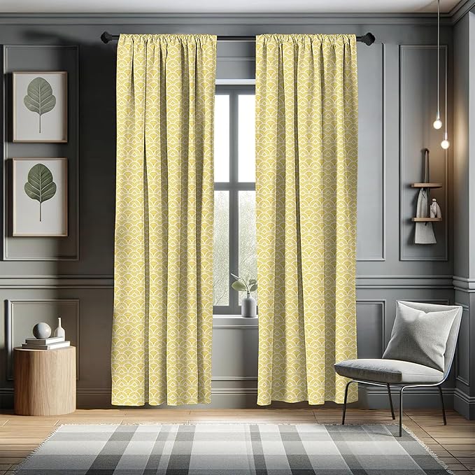 Ambesonne Abstract Window Curtains, Hand Drawn Vintage Half Circles Sun Themed Bohemian Ornamental Vibrant Pattern, Lightweight Decor 2-Panel Set with Rod Pocket, Pair of - 28" x 95", White and Yellow