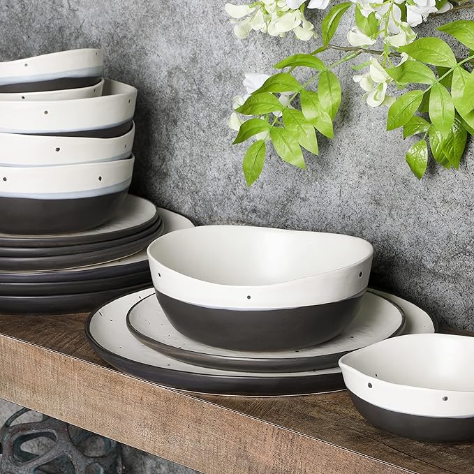 Gibson Elite Rhinebeck 16-Piece Double Bowl Dinnerware Set, Service for 4 – White and Black Stoneware Plates and Bowls