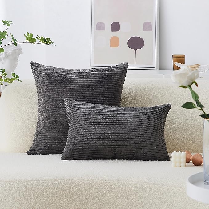 Home Brilliant 20x20 Striped Corduroy Pillow Cover Gray Square Soft Throw Pillow Cover Plush Velvet Pillowcase for Sofa Chair Bed, 20 x 20 inch (50cm), Dark Grey