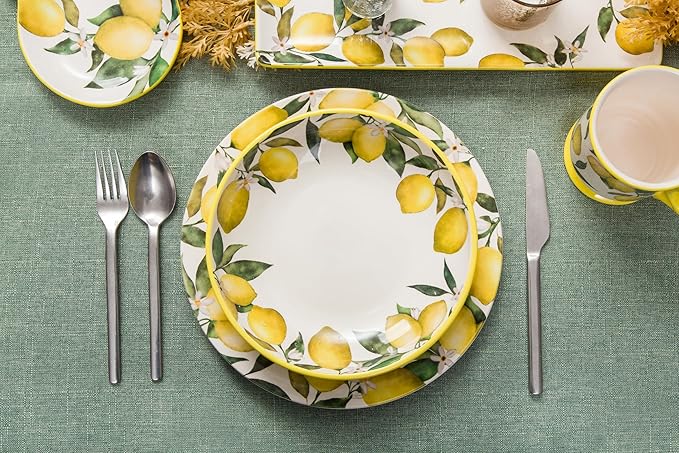 Bico Lemon Dreams Pasta Bowls, 35oz Salad Bowl Set of 4, Large Ceramic Serving Dinner Bowls for Soup and Cereal, Microwave and Dishwasher Safe, Gift for Housewarming and Thanksgiving