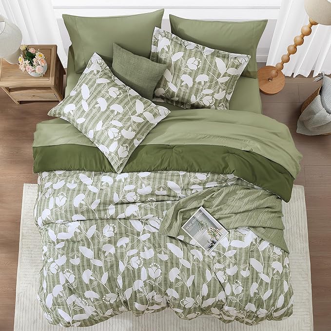 Queen Comforter Set -7 Pieces Botanical Olive Green Comforter for All Seasons, Bed in a Bag Queen with Flowers Floral Comforter, Sheets, Pillowcases & Shams