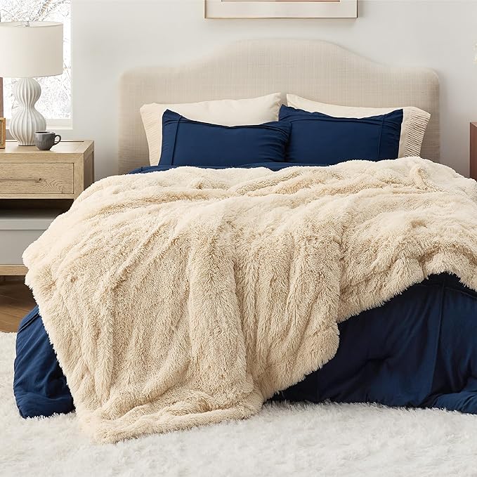 Bedsure GentleSoft Fluffy Beige Blankets Queen Size for Bed, Thick Sherpa Faux Fur Fleece Fuzzy Plush Winter Warm Heavy Soft Queen Blankets, Bedroom Decor Beige Gifts Cozy Gifts for Women Men, 90x90