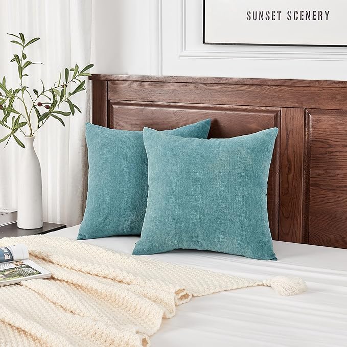 GAWAMAY Decorative Square Throw Pillow Covers 22"x22" Inch Set of 2, Super Soft Chenille Pillows Farmhouse Fall Pillowcase for Living Room Bedroom Sofa Couch Cushion Cover Smoke Blue 55x55cm
