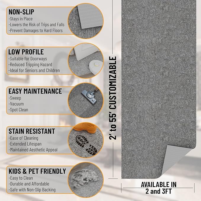 Ottomanson 2'7" x 15' Ultra-Thin Hallway Runner Rug - Durable Non-Slip Carpet for High-Traffic Areas - Fits Under Doors for Seamless Entry - Ideal for Kitchen, Entryway, Bedroom & Living Room, Gray