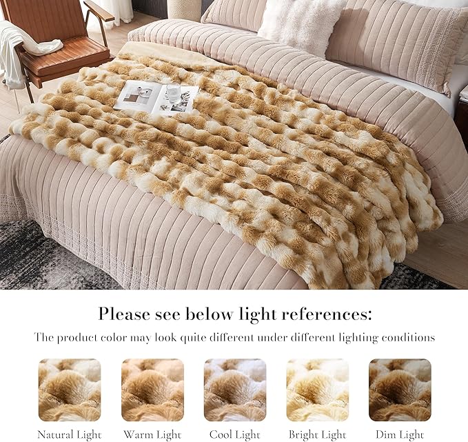 Amélie Home Faux Fur Throw Blanket, Ultra Soft Fuzzy Plush Bubble Blanket for Couch, Bed & Living Room, 60"x80", Tie-dye Kahki