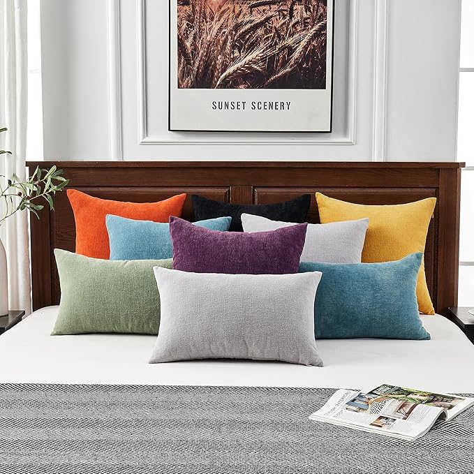 GAWAMAY Decorative Chenille Throw Pillow Covers 24x24 Inch Pack of 2, Soft Square Couch Pillow Cover for Sofa Cushion Living Room Bedroom Solid Dyed Pillowcases Light Grey 60x60cm (ONLY Covers)