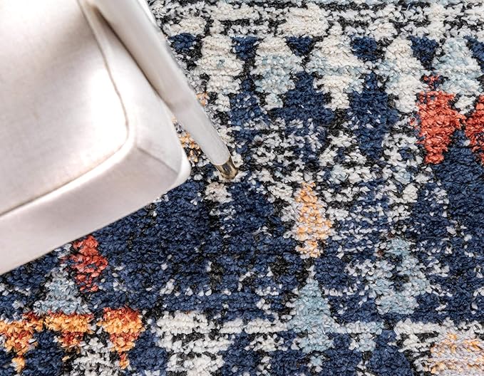 Rugs.com Morocco Collection Rug – 10 Ft Runner Navy Blue High-Pile Rug Perfect for Hallways, Entryways