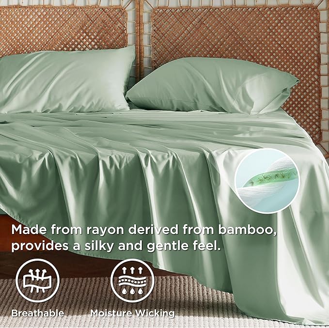 Bedsure King Size Sheets Set, Cooling Sheets for Hot Sleepers, Rayon Derived from Bamboo, Breathable & Soft, Deep Pocket Up to 16 Inches, Hotel Luxury Silky Bedding, Sage Green