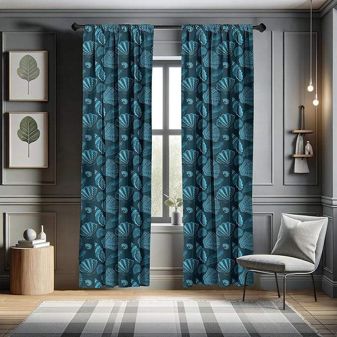Ambesonne Scallop Window Curtains, Repetitive Seashell Aquatic Underwater Sea Creatures Pattern, Lightweight Decor 2-Panel Set with Rod Pocket, Pair of - 28" x 84", Blue Petrol