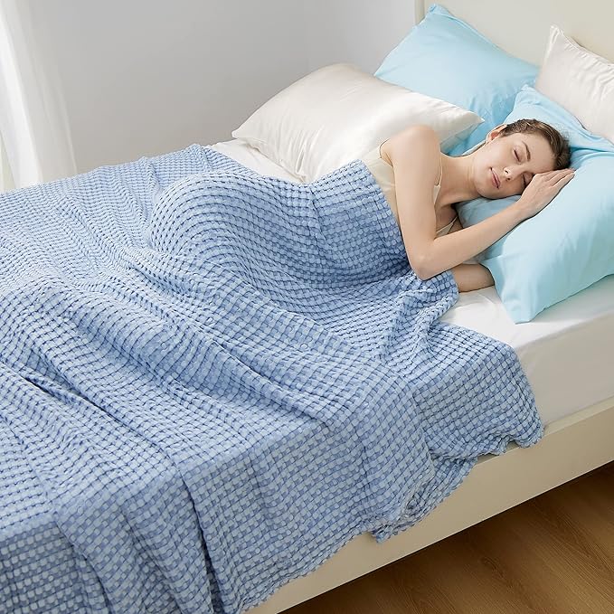 Bedsure Cooling Cotton Waffle King Size Blanket - Lightweight Breathable Blanket of Rayon Derived from Bamboo for Hot Sleepers, Luxury Throws for Bed, Couch and Sofa, Sky Blue, 104x90 Inches