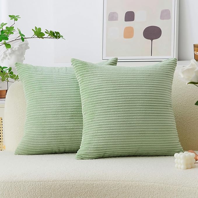 Home Brilliant Throw Pillow Covers 18x18 Solid Plush Corduroy Striped Square Spring Pillow Covers for Couch Set of 2 for Living Room Decor, 18 x 18 Inch, Sage Green