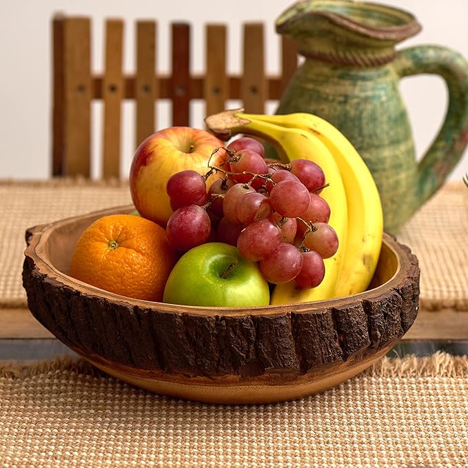 Wood Fruit Bowl for Kitchen Counter - Large Decorative Key Tray for Entryway Table - Wooden Holder Basket for Candy and Office (10.5 Inch)