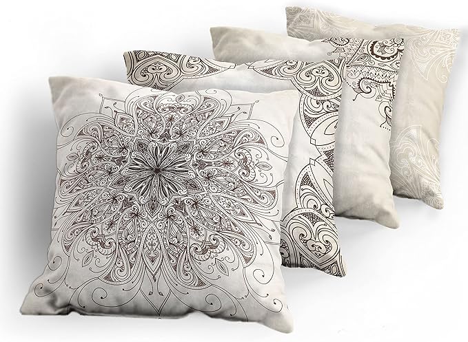 Ambesonne Ethnic Throw Pillow Cushion Case Pack of 4, Mandala Design Cultural Folkloric Motifs Swirling Floral Style Art Illustration, Modern Accent Double-Sided Digital Printing, 24", Eggshell Brown