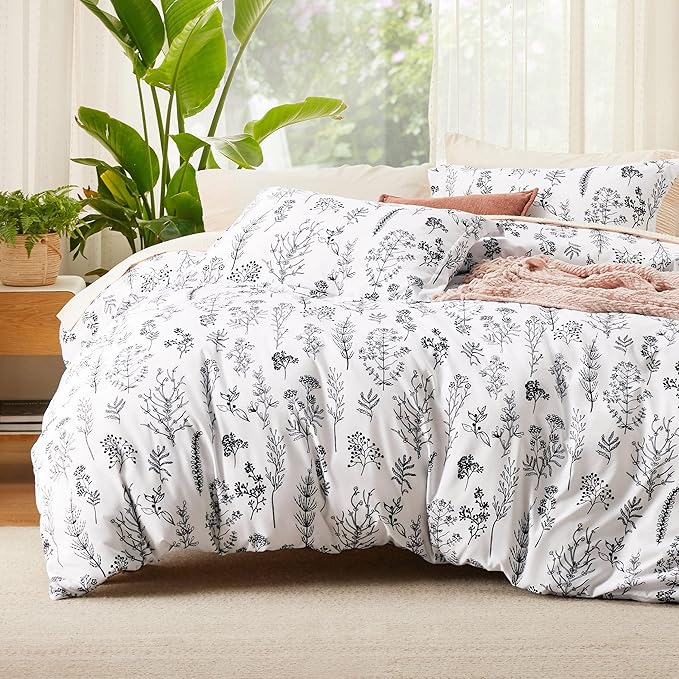 Bedsure Full Comforter Set - Bright White Bed Set, 3 Pieces Cute Floral Bedding, 1 Soft Reversible Botanical Flowers Comforter and 2 Pillow Shams