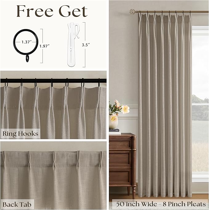 90 Inch Pinch Pleated Curtains for Living Room Thick Linen Textured Drapes 90 Inches Long Pinch Pleat Drapes Burlywood Birch Farmhouse Semi Sheer Privacy Curtain for Dining Room Bedroom 1 Panel 50x90