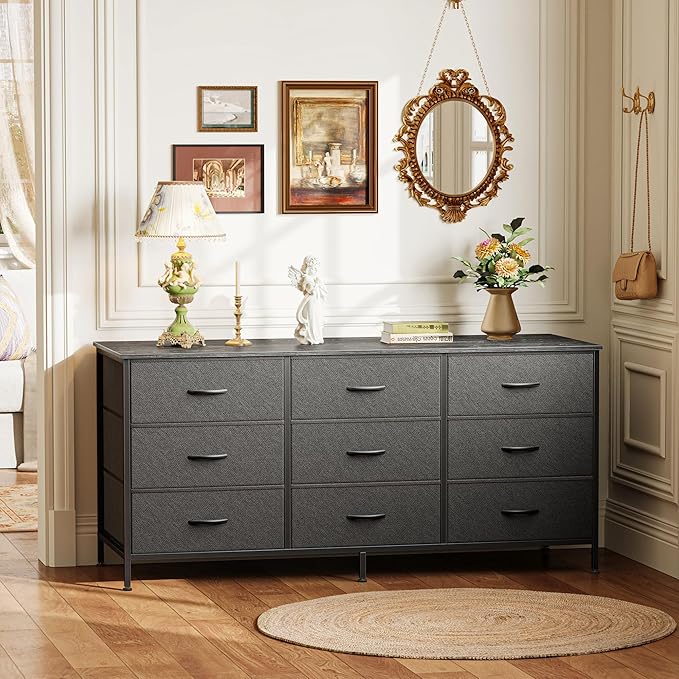 Huuger 9 Drawer Dresser, 47 Inch Dresser TV Stand for 50, 55 Inch TV, Entertainment Center with Drawers, Fabric Chest of Drawer for Bedroom, Closet, Black