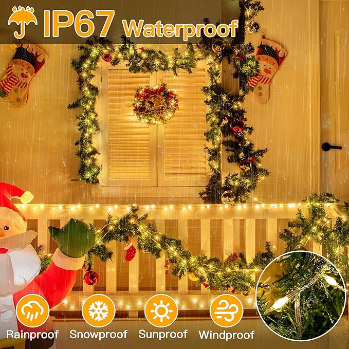 Ollny Christmas Lights Warm White, 600LED 197FT Christmas Tree Lights IP67 Waterproof, Plug in Fairy Lights with Remote 8 Modes Timer, Xmas Light for Outdoor Indoor House Holiday Decor
