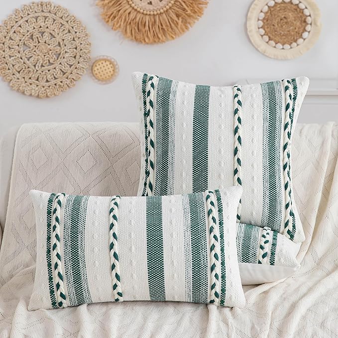 Boho Sage Green Striped Pillow Covers Set of 2-20x20 Inch Farmhouse Coastal Decorative Throw Pillows, Neutral Accent Textured Square Pillowcase for Couch Living Room, Bed, Chair Home Decor