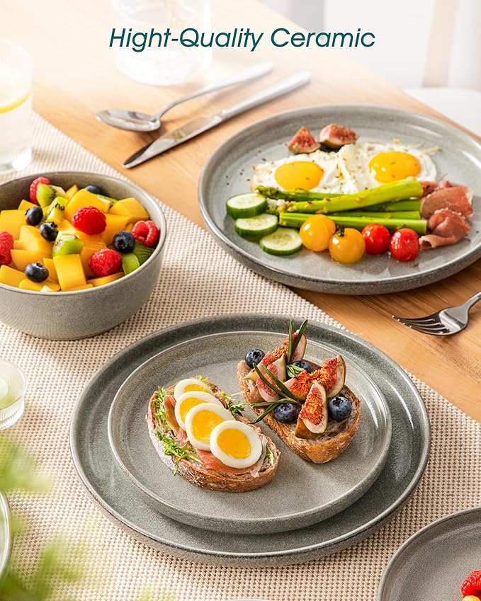 vancasso ANYA 24 Pieces Plates and Bowls Set, Stone Grey Dinnerware Sets, Reactive Glaze Dishes Set for 8, Ceramic Dishware Sets Kitchen Dinner Set, Microwave & Dishwasher Safe