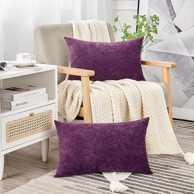 GAWAMAY Lumbar Pillow Decorative Rectangle Throw Pillow Covers 12"x20" Inch Set of 2, Super Soft Chenille Fall Pillowcase for Living Room Bedroom Sofa Couch Cushion Cover Purple 30x50cm (ONLY Covers)