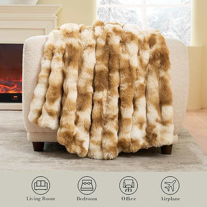 Amélie Home Faux Fur Throw Blanket for Couch, Ultra Soft Fuzzy Plush Bubble Throw for Sofa, Living Room & Home Decor, 50"x60", Tie-dye Kahki
