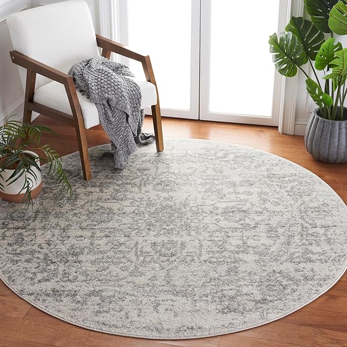 SAFAVIEH Madison Collection 9' Round Silver Ivory MAD603G Oriental Snowflake Medallion Distressed Non-Shedding Dining Room Entryway Foyer Living Room Bedroom Area Rug