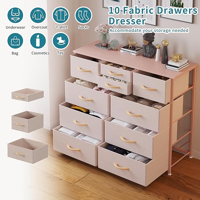 LUMTOK 10-Drawer Dresser, Fabric Storage Dressers Drawers for Bedroom, Hallway, Nursery, Closets, Steel Frame, Wood Top, Easy Pull Handle (Rose Gold)