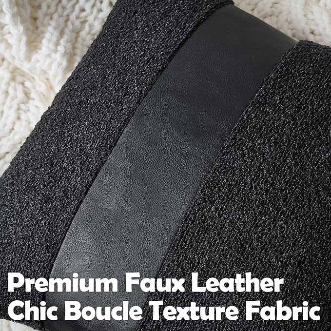 Pack of 2 Faux Leather Boucle Throw Pillow Covers 18"x18" Black Chic Accents Textured Square Decorative Pillow Cases for Living Room Couch Bed Farmhouse Boho Home Decor