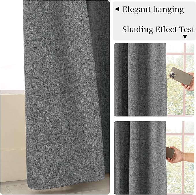 KangBang Extra Wide Blackout Curtains 72W, Faux Linen Back Tab Loop Pocket Pleated Light Blocking Black Out Drapes for Living Room Sliding Patio Door 8 FT Tall (Grey, W72xL96,2 Panels)