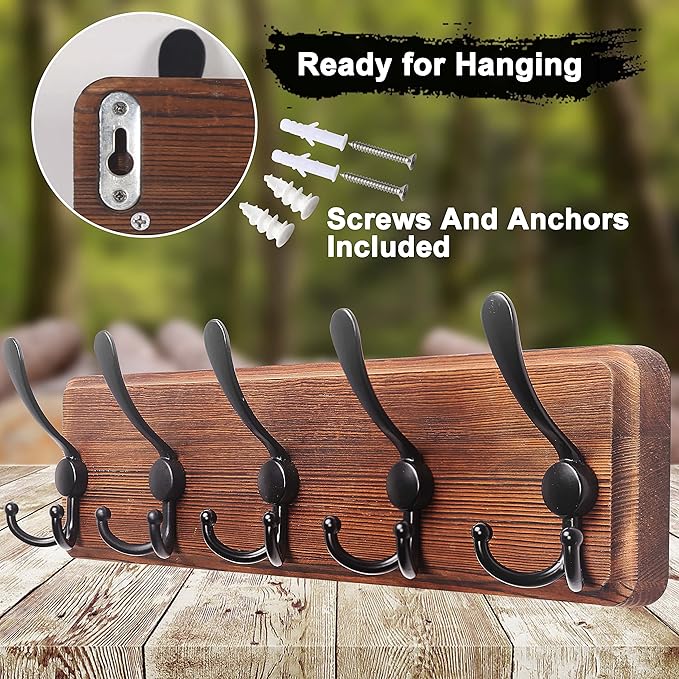 Dseap Coat Rack Wall Mounted - 5 Tri Hooks, Heavy Duty, Wooden Wall Coat Hanger Coat Hook for Clothes Hat Jacket Clothing, Natural & Black, 2 Packs